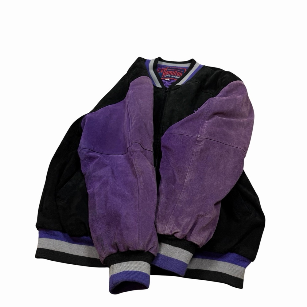 Vintage Jeff Hamilton Sacramento‎ Kings Black Purple Suede Jacket Size XL - Picture 9 of 12